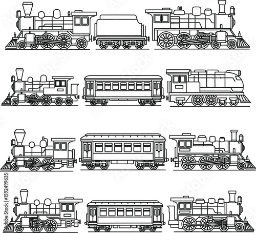 Vintage Train and Locomotive Line Art Icons - Old Railway Collection