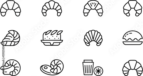 Vector Bakery Icons: Croissant, Bread, Pastry, Food Line Art