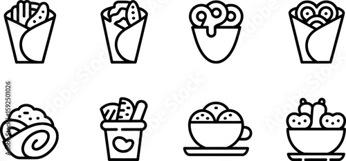 Vector icons: Fast food wraps, snacks, and bowls, line style.