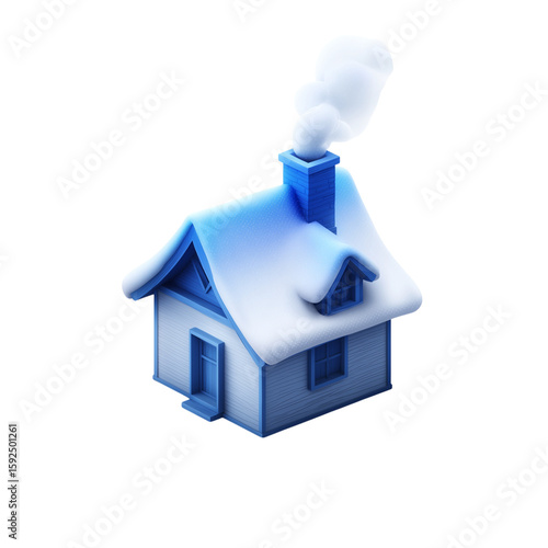 3D icon of a snowy cottage with smoke curling from chimney using blue to white gradient on white background