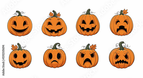 Halloween Pumpkins with Carved Faces and Various Expressions