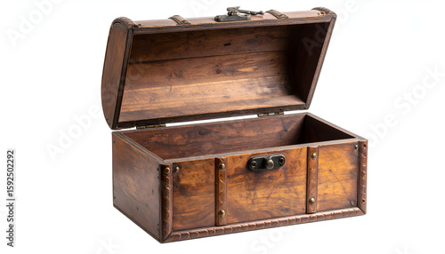 Open Antique Wooden Chest on White Background