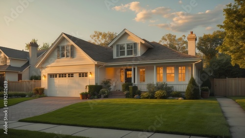 Wallpaper Mural Serene suburban ranch house with manicured lawn bathed in the warm light of dusk exemplifies quiet family life and high fidelity detail. Torontodigital.ca