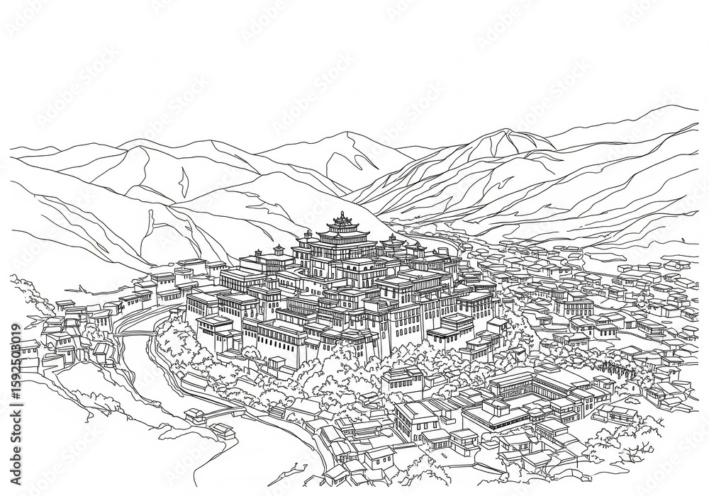 Obraz premium Shangri-la (香格里拉) in China one line drawing style