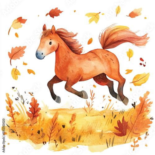 Autumnal Galloping Horse with Falling Leaves