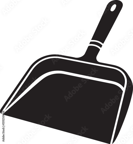 Simple black silhouette of a dustpan and brush on a white background