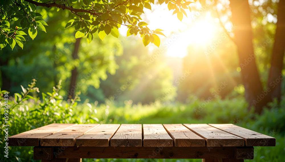 Naklejka premium Wooden Table in Sunny Forest Setting