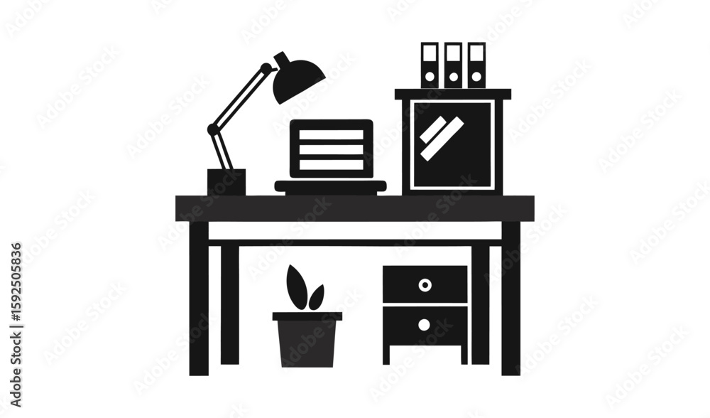 Minimalist black and white icon of a home office desk setup Minimalist black and white icon of a home office desk setup