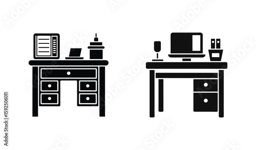 Two silhouette desks with office supplies and computers