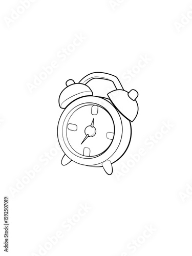 Cartoon alarm clock illustration in black and white outline style for kids education and creative projects