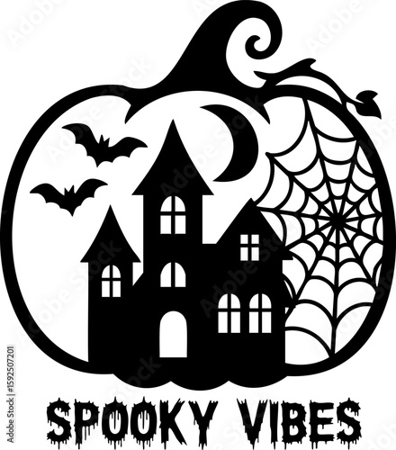 Halloween scene inside a pumpkin outline, featuring a haunted house, graveyard, bats, and spooky trees. Perfect for Cricut crafts, t-shirts, signs, and seasonal decor.