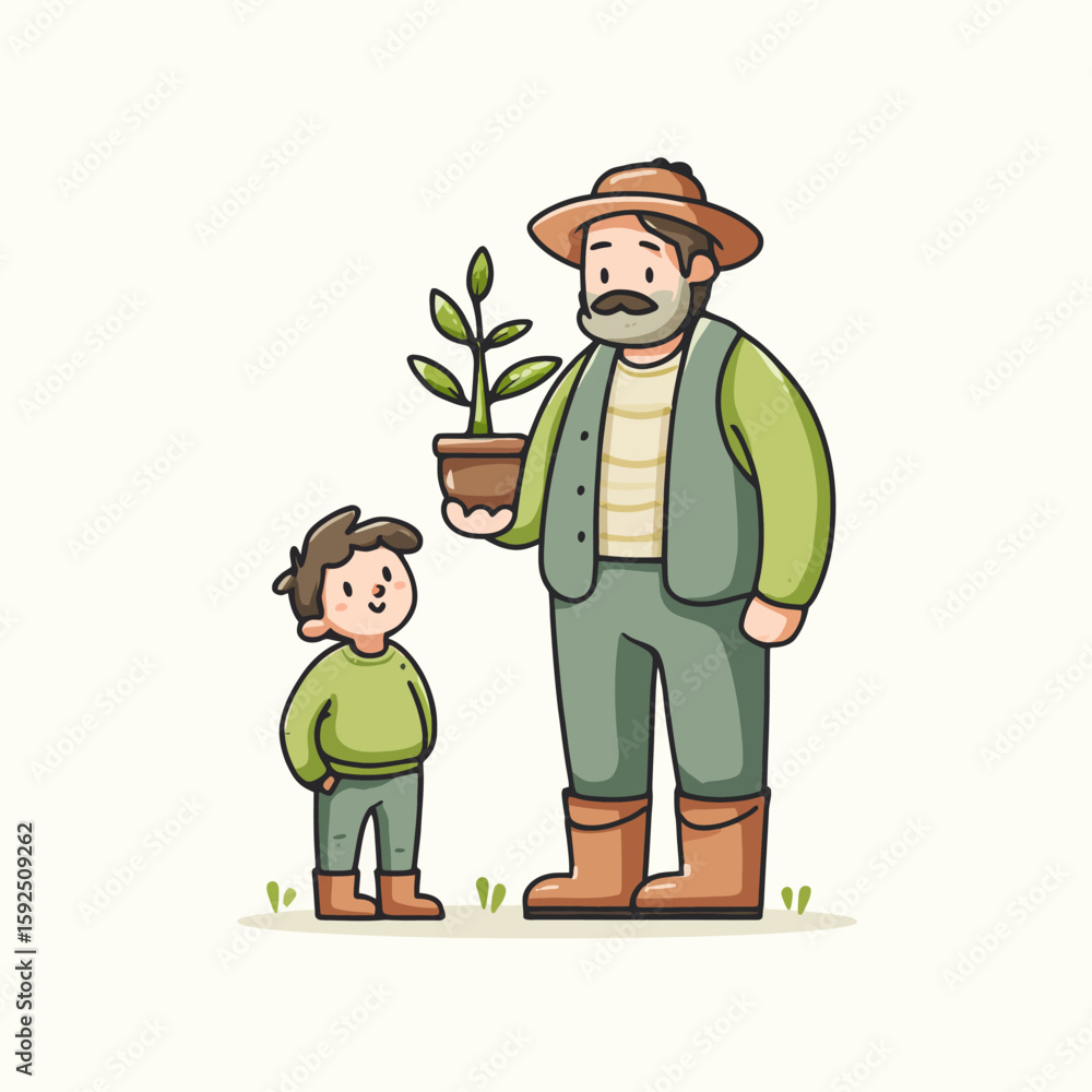 A farmer shows his young son a potted plant, sharing gardening knowledge and love for nature. A farmer shows his young son a potted plant, sharing gardening knowledge and love for nature.