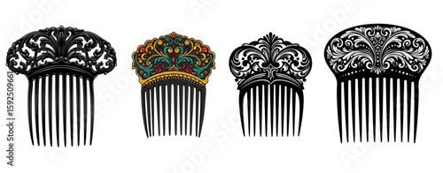 A collection of ornamental hair combs showcases ornate designs suitable for vintage fashion, hairstyling, and historical themes.