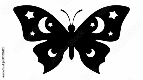 Black butterfly silhouette with white stars and crescent moons on its wings design element exactly