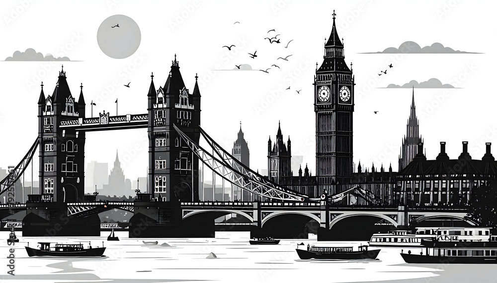 Obraz premium Monochrome London Cityscape: Tower Bridge, Big Ben, and River Thames