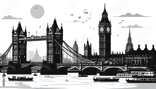 Monochrome London Cityscape: Tower Bridge, Big Ben, and River Thames