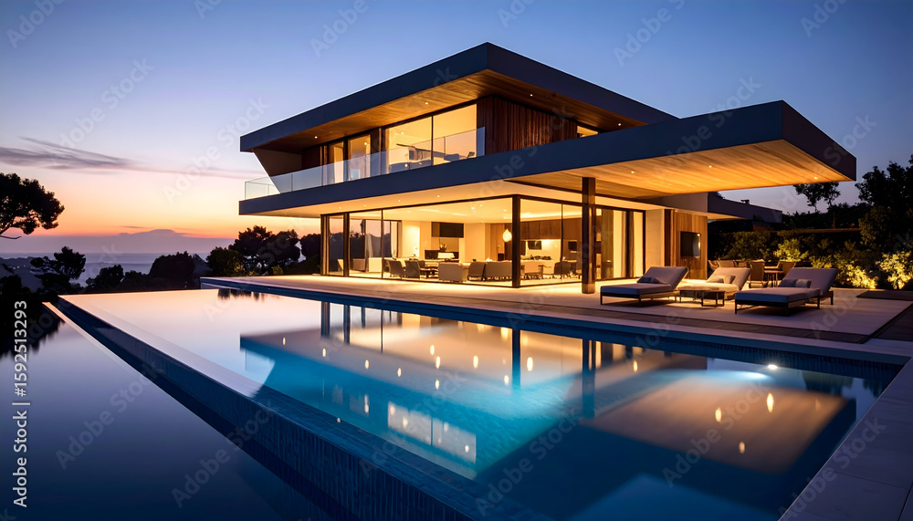 Fototapeta premium Modern Luxury Villa with Infinity Pool at Sunset
