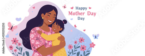 A heartwarming graphic depicts a mother hugging her daughter, adorned with flowers and butterflies for Mother's Day, perfect for celebrations.