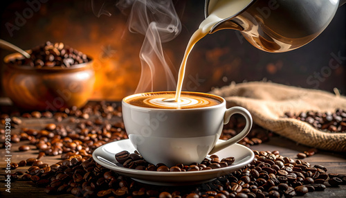 Steaming Coffee Pouring into Cup on Wooden Table