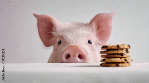 A close-up of a pink pig's head peeking over a table, with a stack of chocolate chip cookies in front. The pig appears curious and playful.