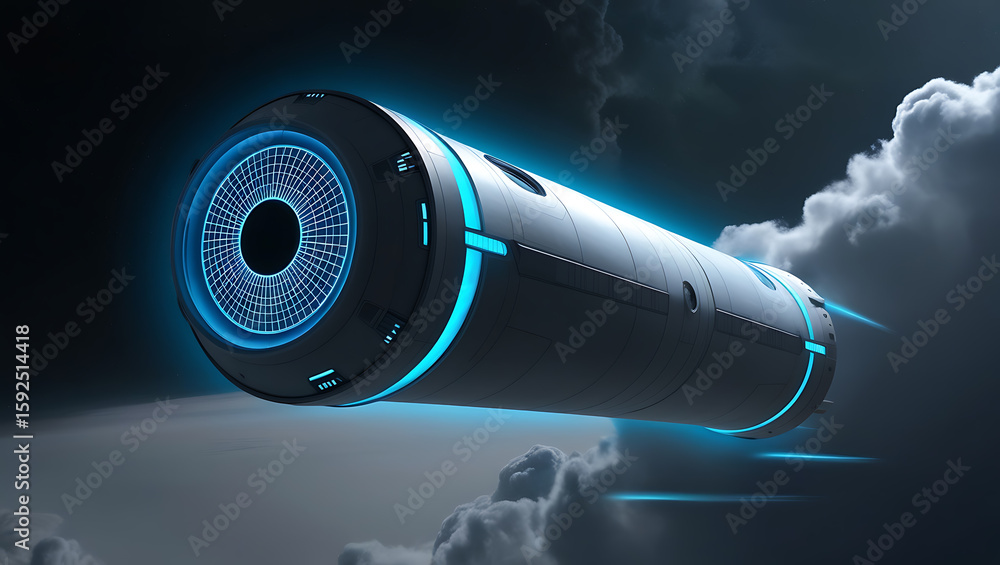 Fototapeta premium Celestial Core: Advanced Cylindrical Spacecraft Piercing the Void with Luminous Precision 