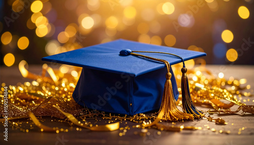 Blue Graduation Cap with Gold Confetti on Wooden Surface