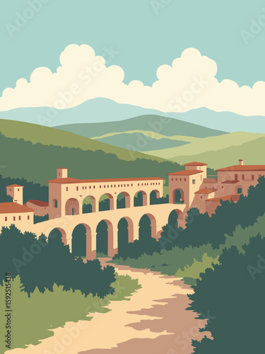 Perugia, Italy – Historic aqueduct path and hillside view in warm brick, olive green, and cloud white