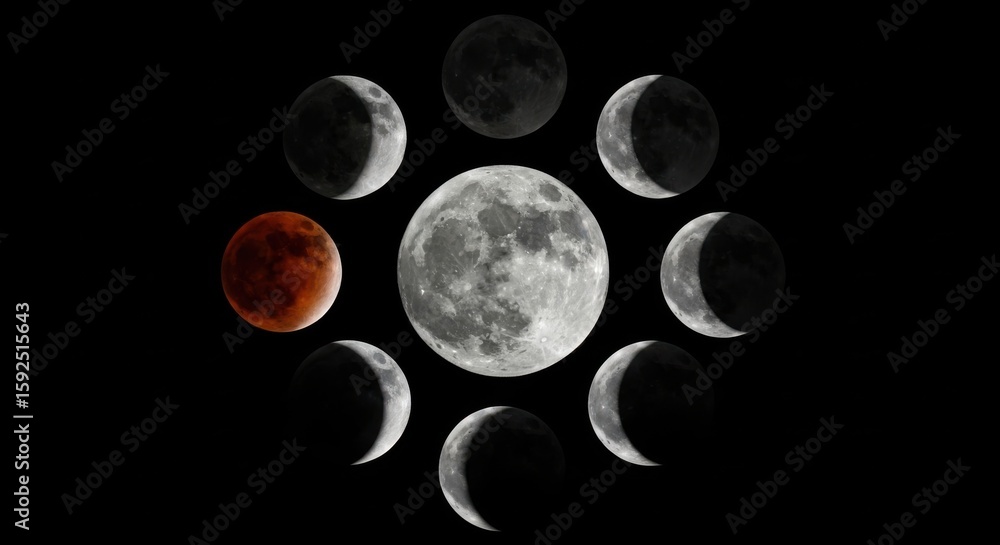 Obraz premium Lunar eclipse cycle showing phases of the moon and blood moon