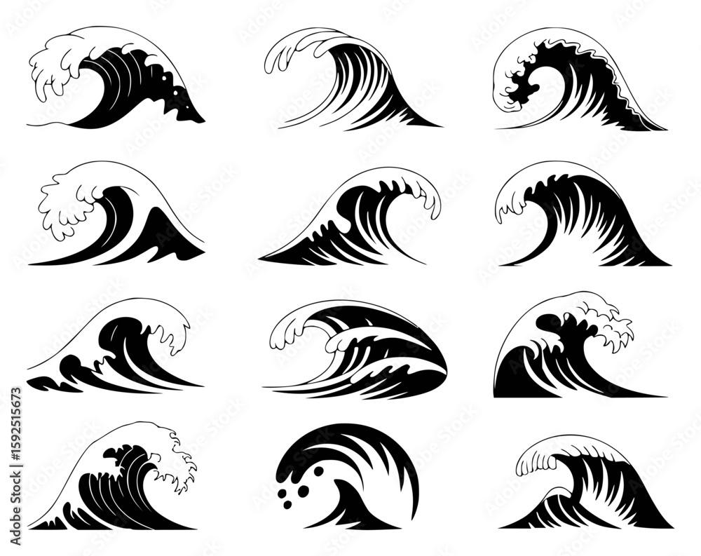 Fototapeta premium Set of Black And White Stylized Ocean Wave Illustrations water surf