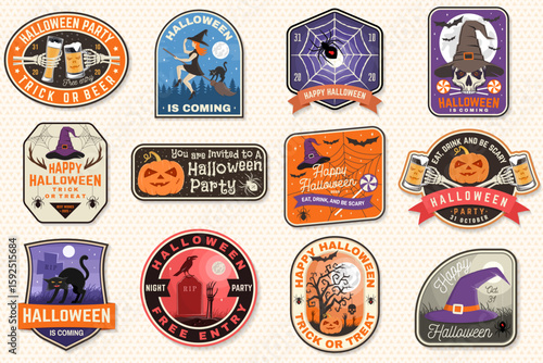 Set of Halloween celebration patch collection. Halloween party retro templates, badges, seals, patches. Concept for shirt or logo, print, stamp. Typography design- stock vector.
