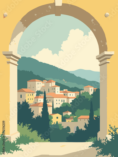 Udine, Italy – Loggia del Lionello arches and hills beyond in lemon yellow, marble, and moss