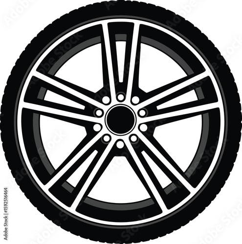 Car wheel rim and tire detailed vector illustration in black and white style for automotive design elements