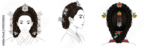 Elegant traditional Korean hairstyle graphic showcasing front, side, and back views, ideal for cultural designs or historical presentations.