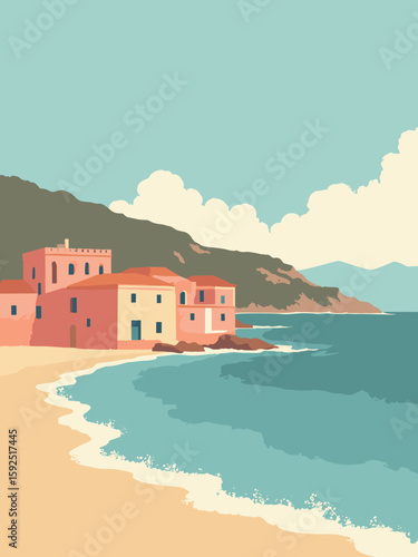 Torre del Greco, Italy – Coral workshop and sea view with muted red, aqua, and sandy gold