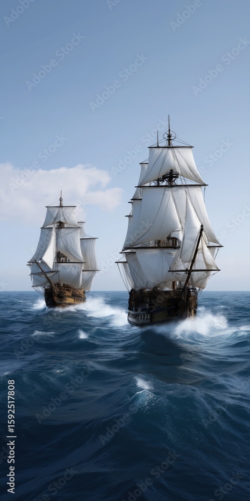 Naklejka premium Majestic sailing ships on open ocean with billowing sails