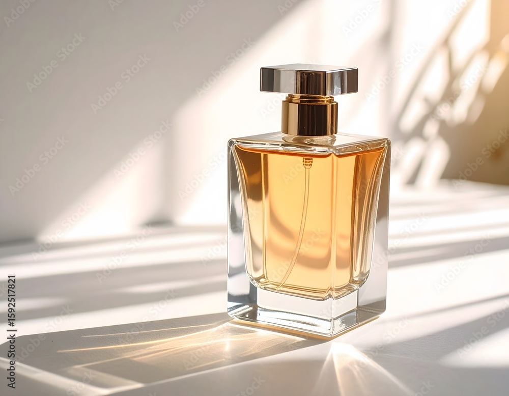 Perfume advertisement, bottle and minimalism: Stylized perfume ad showing an elegant bottle surrounded by light and shadow. Perfume advertisement, bottle and minimalism: Stylized perfume ad showing an elegant bottle surrounded by light and shadow.