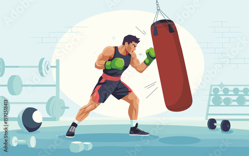 Boxing Workout Male Fighter Training with Punching Bag in Gym Illustration