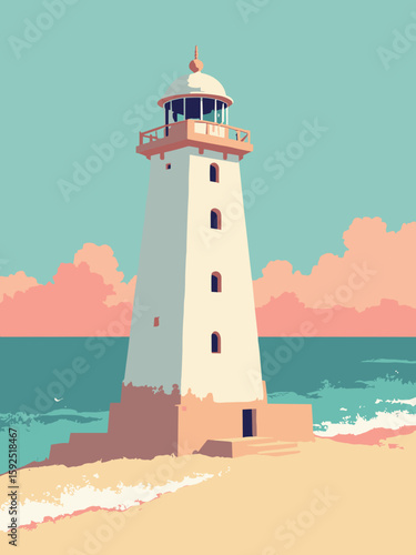 Lido di Ostia, Italy – Art Deco lighthouse on the beach with turquoise sea, sand beige, coral, and sunset pink