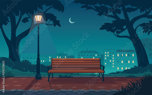 Tranquil Evening Park Scene with Bench and Streetlight, Vector Illustration