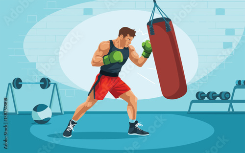 Boxer training with punching bag in gym flat-style illustration