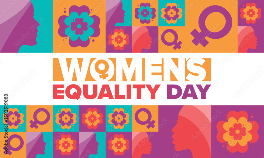 Fototapeta premium Women's Equality Day in United States. Female holiday, celebrated annually in August 26. Women right history month. Feminism concept. Poster, greeting card, banner and background. Vector illustration