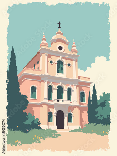 Latina, Italy – Rationalist architecture of Palazzo Comunale in pale pink, gray stone, emerald, and sky white