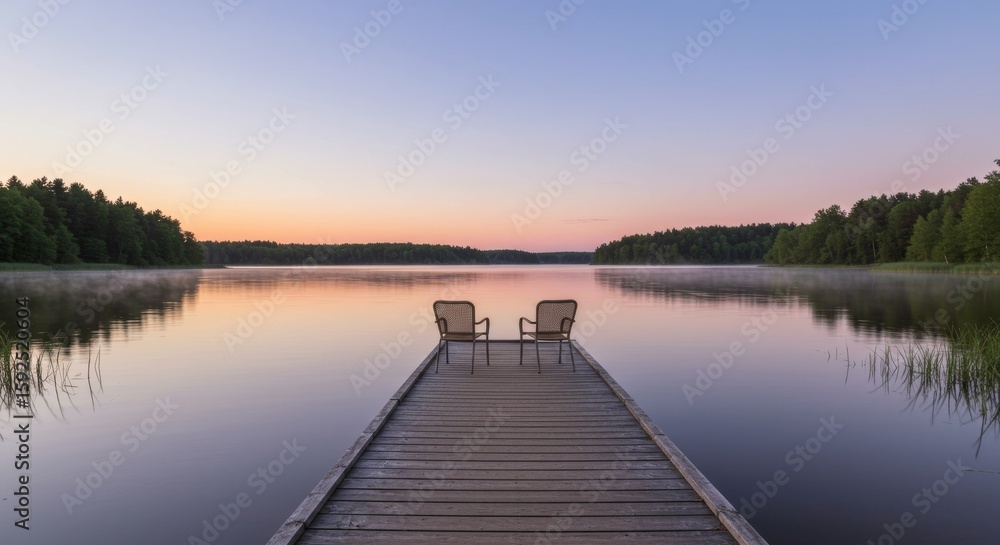 Naklejka premium Empty chairs on a wooden dock at serene lake sunset