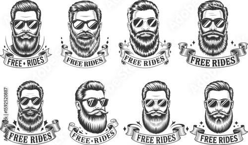 "Free Rides – Cool Bearded Men with Sunglasses and Stylish Typography, Retro T-shirt Graphic Design
