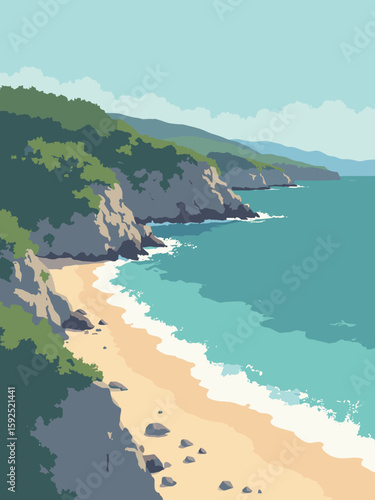 Quartu Sant'Elena, Italy – Mediterranean beachfront with granite cliffs and turquoise surf in sea green, stone gray, sand, and sky blue