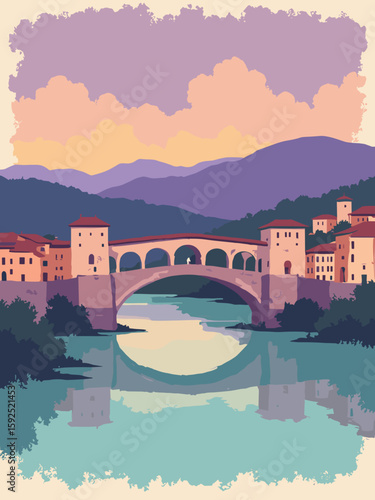 Pavia, Italy – Ponte Coperto bridge over Ticino River in terracotta, river teal, cream, and dusk purple