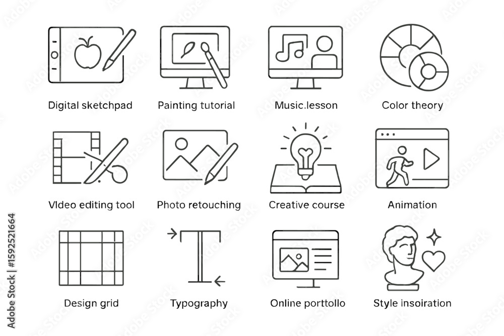 Creative design icons for tutorials and courses