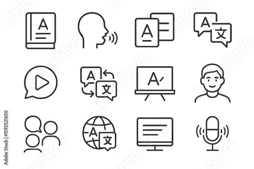 Language and translation icons set on black gradient background