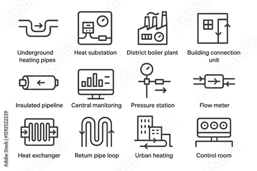 Icons of urban heating infrastructure: boilers, pipes, monitoring systems