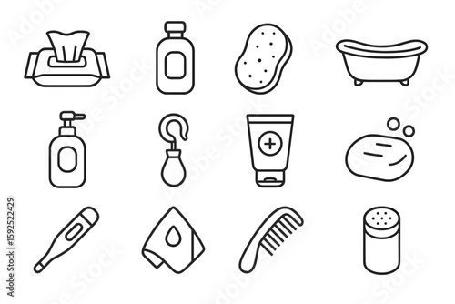 Personal care icons: soap, shampoo, bath, skincare, hygiene essentials